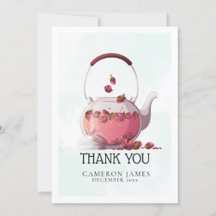 Cartão De Agradecimento Bule de chá aquarela Rosa Vermelha Festa do Chá Fl