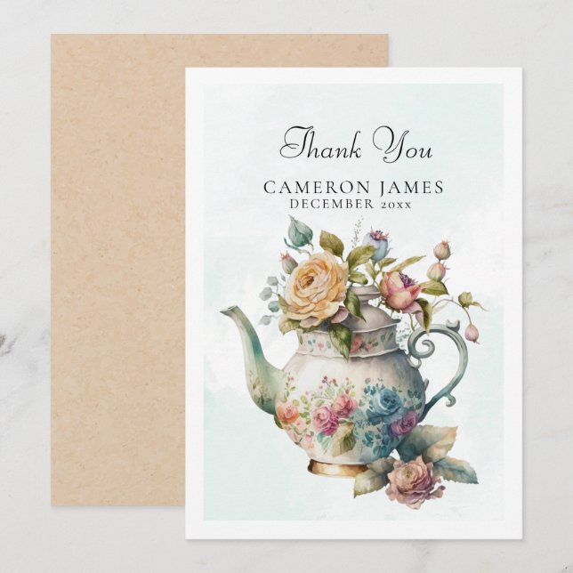 Cartão De Agradecimento Bule de Chá de Aquarela Elegante Festa do Chá Flor (Frente/Verso)