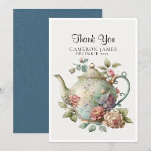 Cartão De Agradecimento Bule de Chá Elegante em Aquarela Festa do Chá Flor