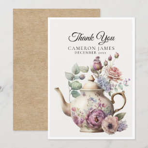 Cartão De Agradecimento Bule de Chá em Aquarela Elegante Festa do Chá Flor