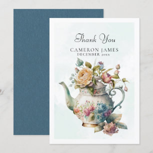 Cartão De Agradecimento Bule de Chá em Aquarela Elegante Festa do Chá Flor