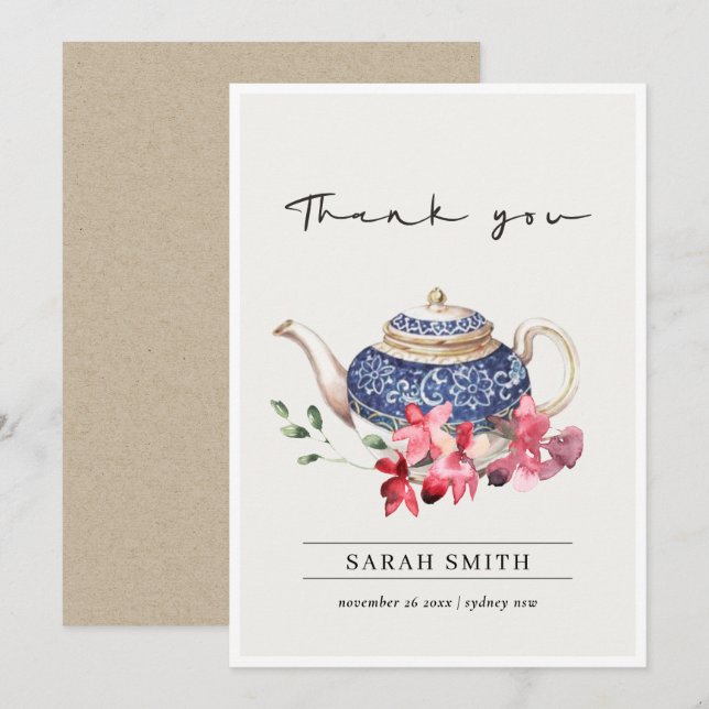 Cartão De Agradecimento Buleta de aguarela vermelha Festa do chá floral (Frente/Verso)