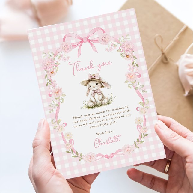 Cartão De Agradecimento Bunny Pink Bow Gingham Baby Shower (Criador carregado)