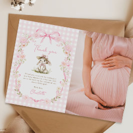 Cartão De Agradecimento Bunny Pink Bow Gingham Baby Shower Photo