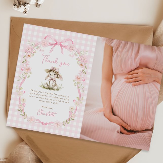 Cartão De Agradecimento Bunny Pink Bow Gingham Baby Shower Photo (Criador carregado)