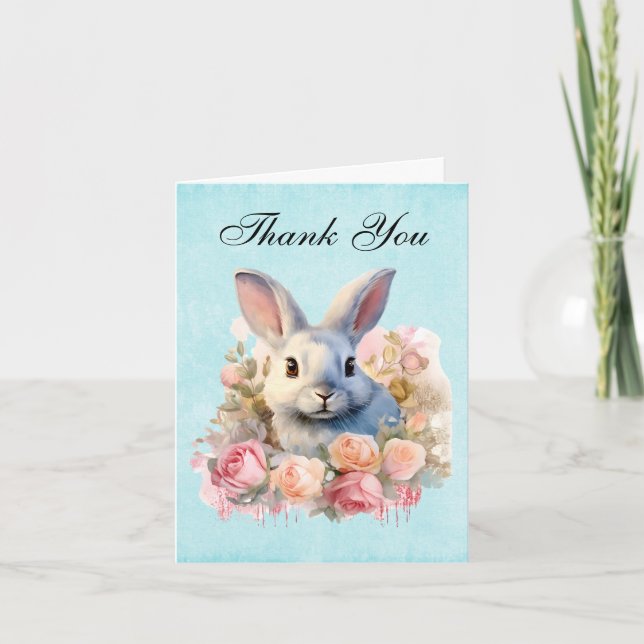 Cartão De Agradecimento Bunny with a Garland of Roses Cute (Frente)