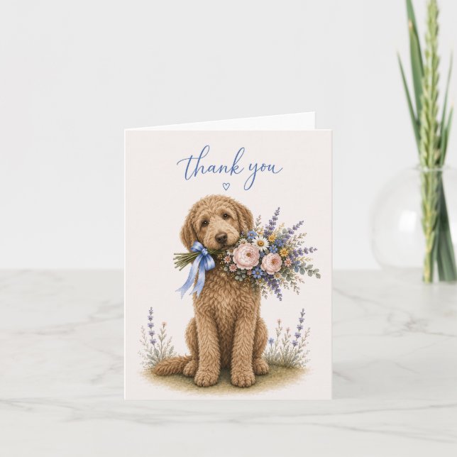 Cartão De Agradecimento Buquê de Flores Goldendoodle Obrigado (Frente)