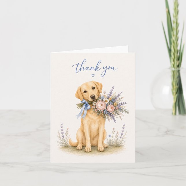 Cartão De Agradecimento Buquê de Flores Labrador Obrigado (Frente)