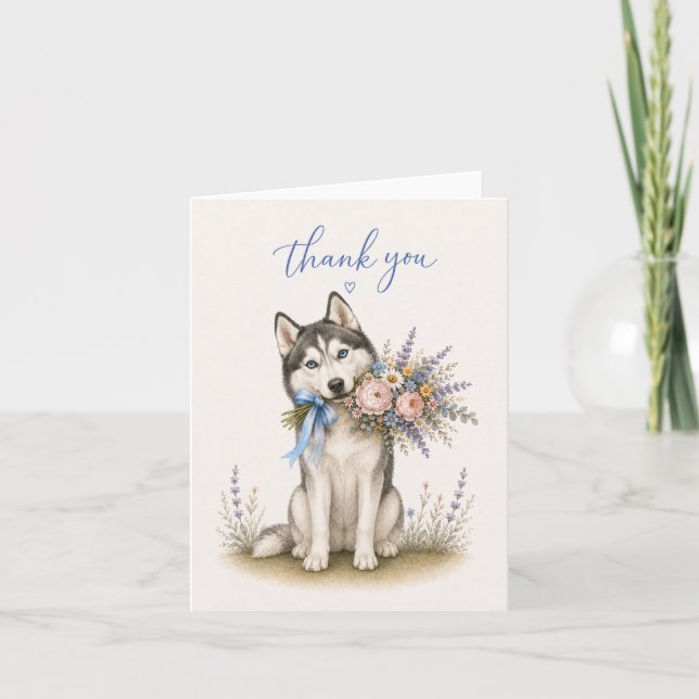Cartão De Agradecimento Buquê de Flores Siberian Husky Obrigado (Frente)