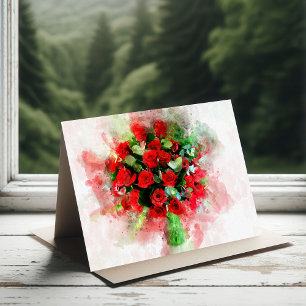 Cartão De Agradecimento Buquê de Rosas Vermelhas Aquarela em Fundo Branco