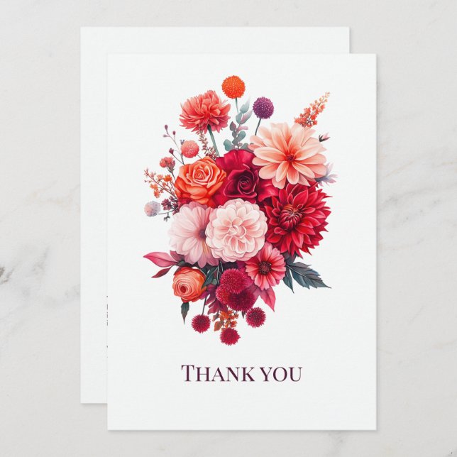 Cartão De Agradecimento Buquê Floral Coral Vibrante e Fúcsia (Frente/Verso)
