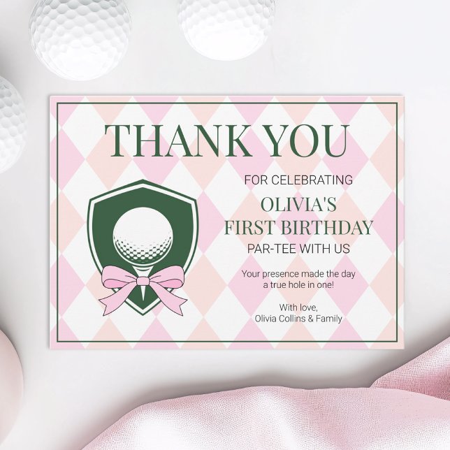 Cartão De Agradecimento Buraco Em Um primeiro aniversario Moderno De Golfe (Hole In One Pink Golf Girls Modern 1st Birthday Thank You Card)