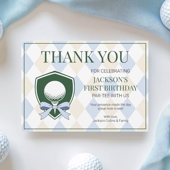 Cartão De Agradecimento Buraco Em Um primeiro aniversario Moderno De Golfe (Hole In One Blue Golf Boys Modern 1st Birthday Thank You Card)