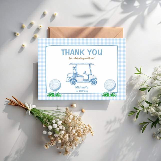 Cartão De Agradecimento Buraco num primeiro aniversario de golfe de gingha (Hole in one blue gingham golf 1st birthday party thank you cards golf party supplies)