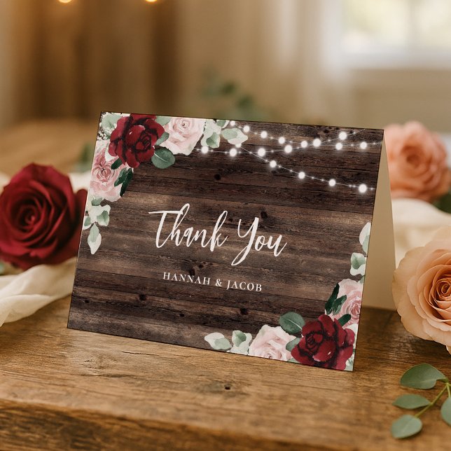 Cartão De Agradecimento Burgundy and Blush Rustic Wedding Thank You Card (Criador carregado)