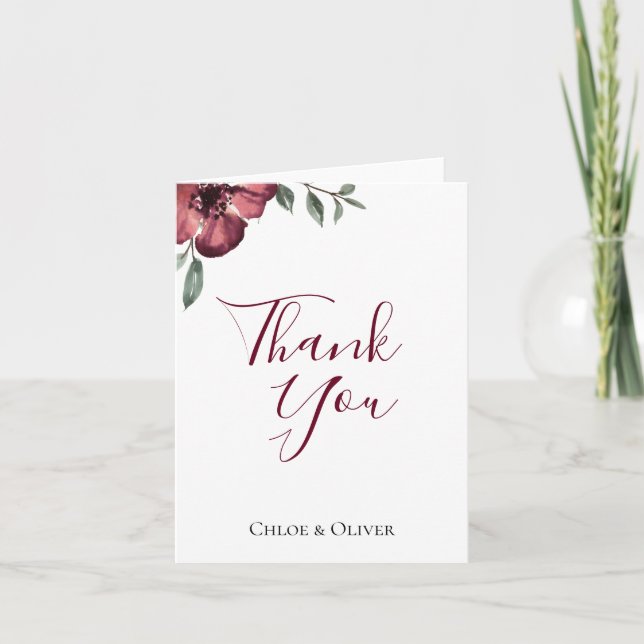 Cartão De Agradecimento Burgundy Botanical Wedding Thank You (Frente)