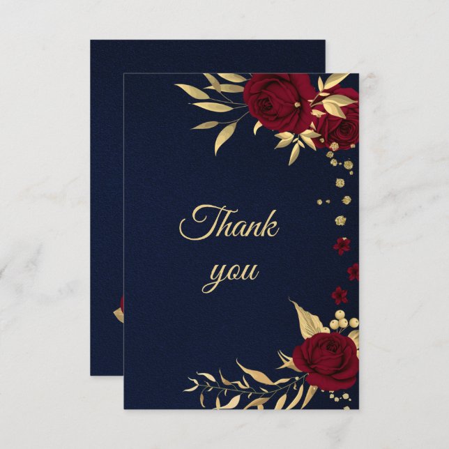 Cartão De Agradecimento burgundy dourado floral azul-marinho (Frente/Verso)