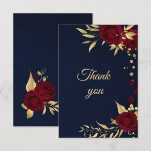 Cartão De Agradecimento burgundy dourado floral azul-marinho