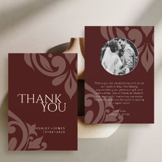 Cartão De Agradecimento Burgundy Elegant Chic Damask Photo Wedding 