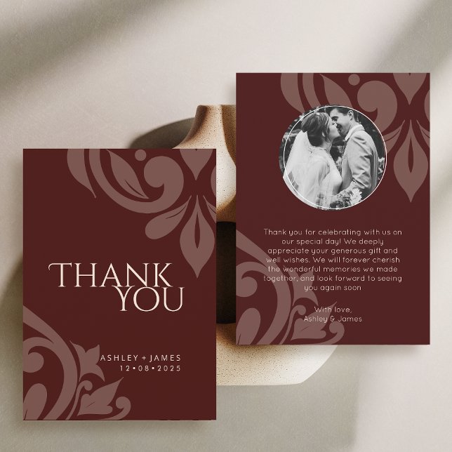 Cartão De Agradecimento Burgundy Elegant Chic Damask Photo Wedding  (Criador carregado)