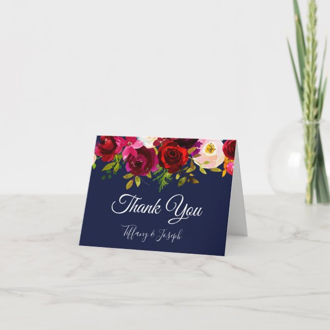 Cartão De Agradecimento Burgundy Elegant Floral Navy Wedding Thank You (Frente)