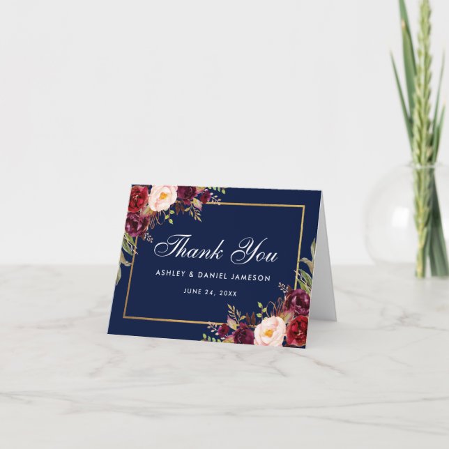 Cartão De Agradecimento Burgundy Floral Blue Wedding Thanks Note (Frente)