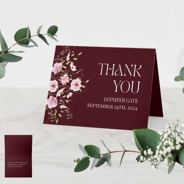 Cartão De Agradecimento Burgundy Floral Bridal Shower Thank You Card  (Criador carregado)