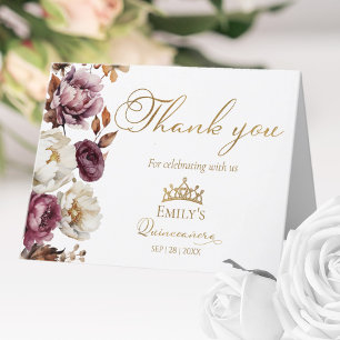 Cartão De Agradecimento Burgundy Floral de Outono Quinceanera