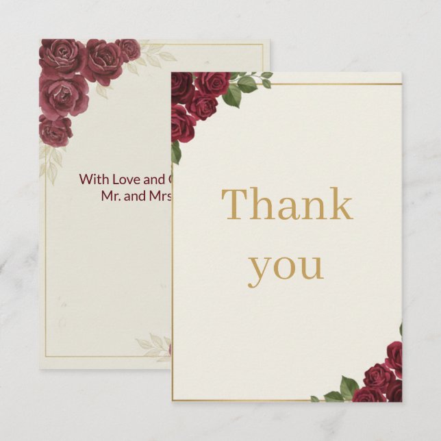 Cartão De Agradecimento Burgundy Floral Gold Script Wedding Thank You Card (Frente/Verso)