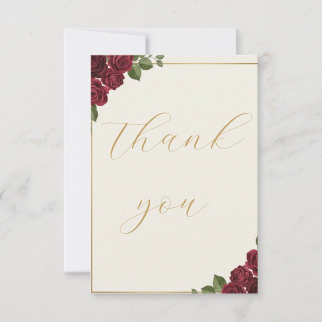 Cartão De Agradecimento Burgundy Floral Gold Script Wedding Thank You Card (Frente)