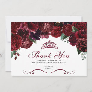 Cartão De Agradecimento Burgundy Floral Quinceanera Obrigado