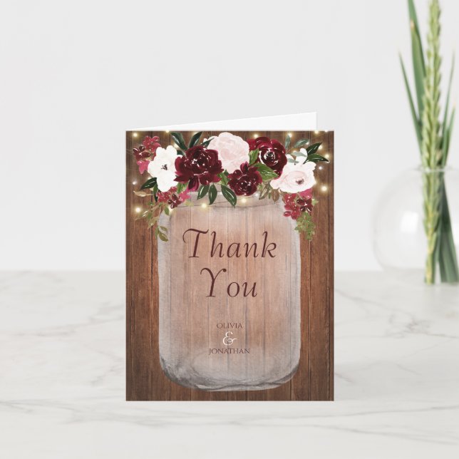 Cartão De Agradecimento Burgundy Floral Rustic Wood Mason Jar Weding (Frente)