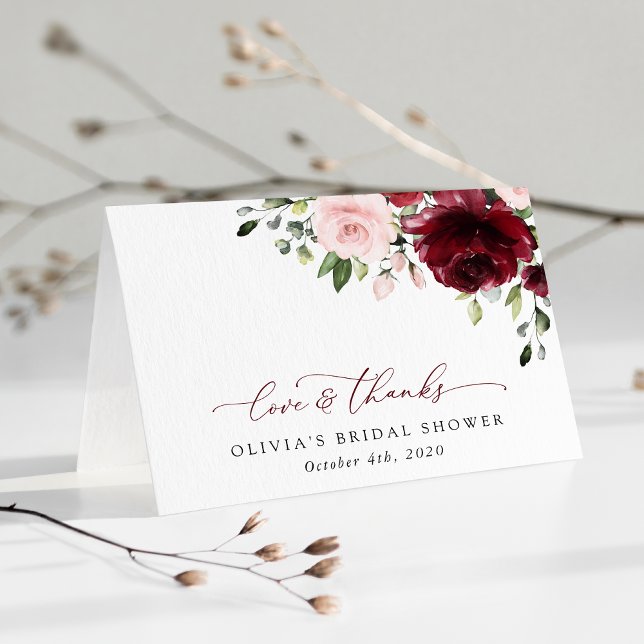 Cartão De Agradecimento Burgundy Flowers, Pink Flowers, Bridal Shower (Criador carregado)