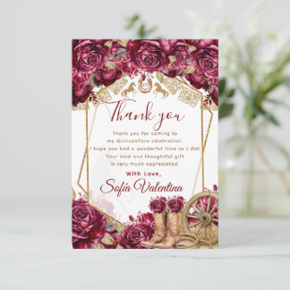 Cartão De Agradecimento Burgundy Gold Charra Quinceanera Floral Ocidental