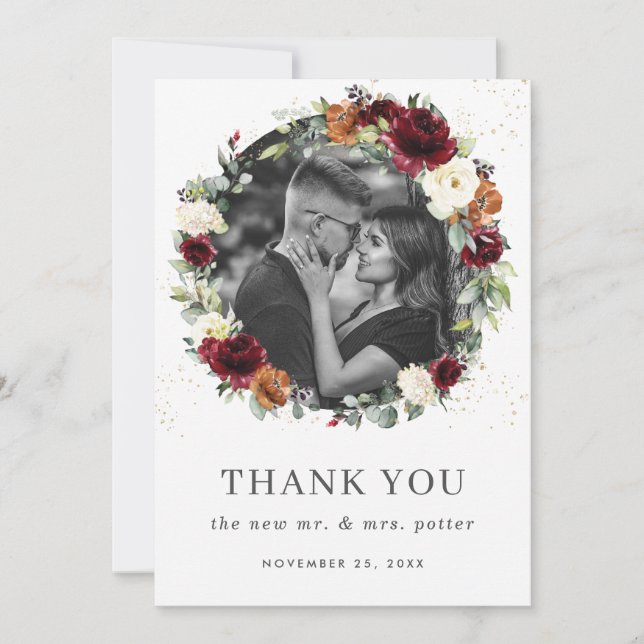 Cartão De Agradecimento Burgundy Ivory Burnt Orange Floral Wreath Photo (Frente)