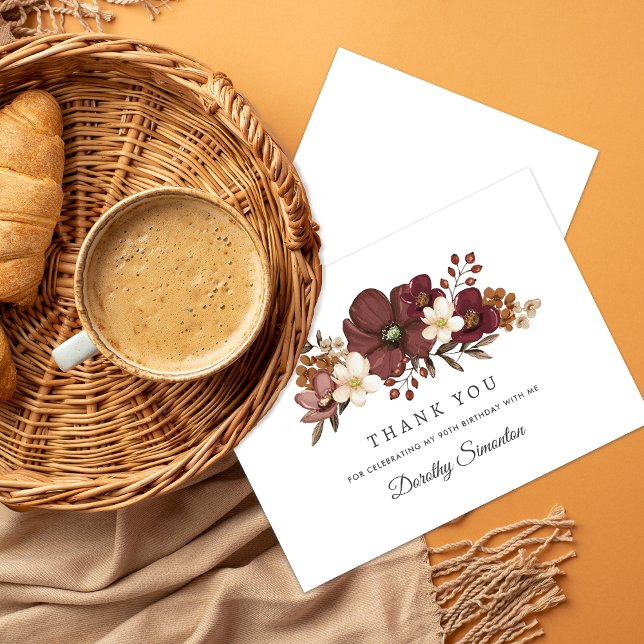 Cartão De Agradecimento Burgundy Mauve Ivory Fall 90 Birthday Flat (Criador carregado)