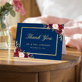 Cartão De Agradecimento Burgundy Peony Floral Dourado Marinho Azul Obrigad