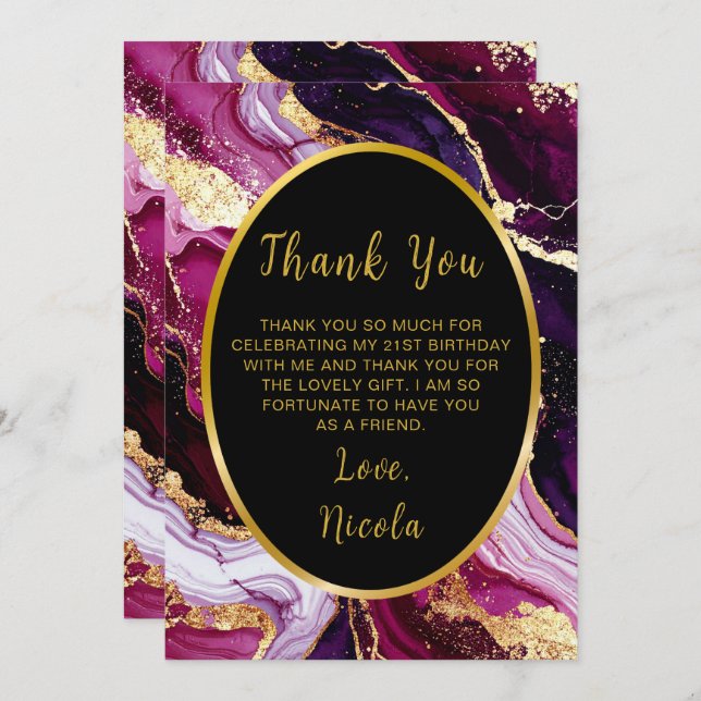 Cartão De Agradecimento Burgundy Red and Gold Marble Agate Birthday Party (Frente/Verso)