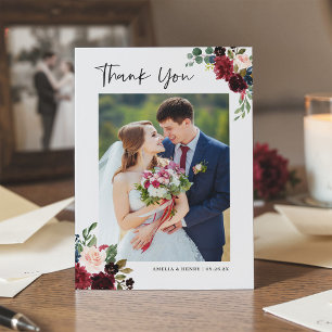 Cartão De Agradecimento Burgundy Red Blush Floral Moderno Casamento 2 Foto