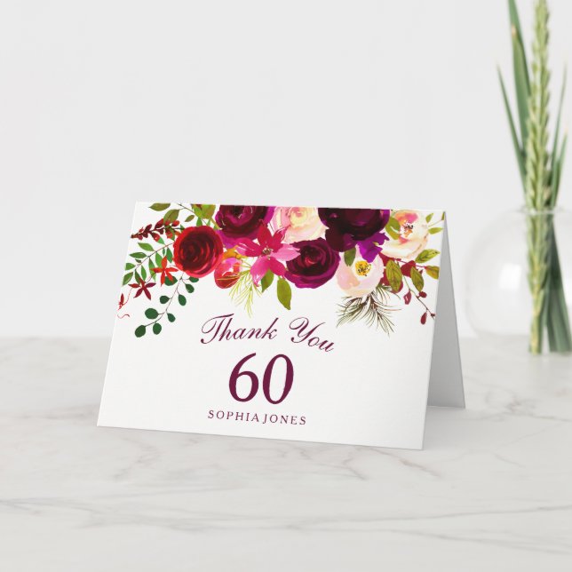 Cartão De Agradecimento Burgundy Red Floral Boho 60th Birthday Thank You (Frente)
