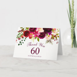 Cartão De Agradecimento Burgundy Red Floral Boho 60th Birthday Thank You