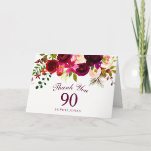 Cartão De Agradecimento Burgundy Red Floral Boho 90 Aniversário Obrigado