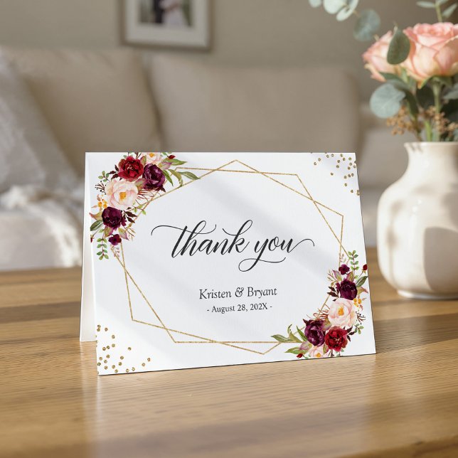 Cartão De Agradecimento Burgundy Red Floral Gold Geometric Frame Thank You (Criador carregado)