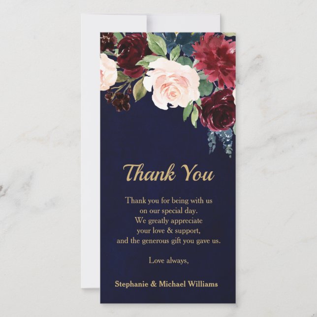 Cartão De Agradecimento Burgundy Red Marinho Floral Boho Obrigado (Frente)