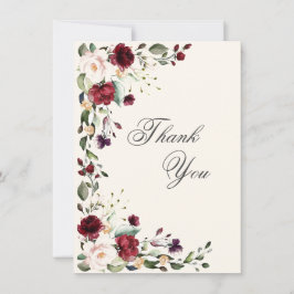 Cartão De Agradecimento Burgundy Rosa Floral Aquarela 