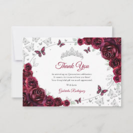 Cartão De Agradecimento Burgundy Silver Floral Quinceanera