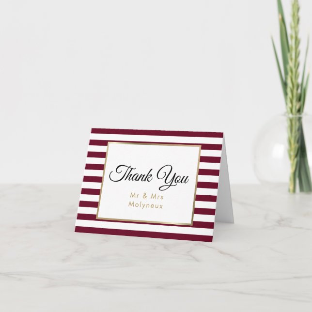 Cartão De Agradecimento Burgundy Stripe | Faux Gold Foil Wedding Thank You (Frente)
