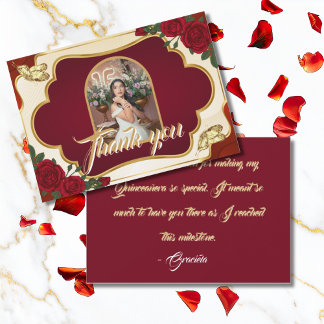 Cartão De Agradecimento Burgundy Vermelho & Rosa Dourada Quinceañera Foto