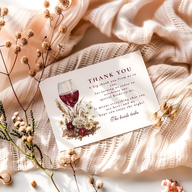 Cartão De Agradecimento Burgundy Wine Glass Floral Bridal Shower (Criador carregado)