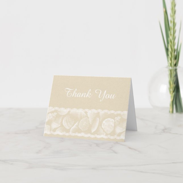 Cartão De Agradecimento Burlap Beach Wedding Thank You with Lace and Shell (Frente)